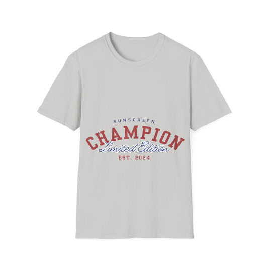 Sunscreen Champion Limited Edition: Vintage Collegiate Typography, 2024 Branding Design - Unisex Graphic Tee