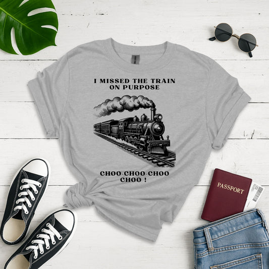 Missed Train Narrative: Vintage Steam Locomotive Illustration, Woodcut-Inspired Graphic Art - Unisex Graphic Tee