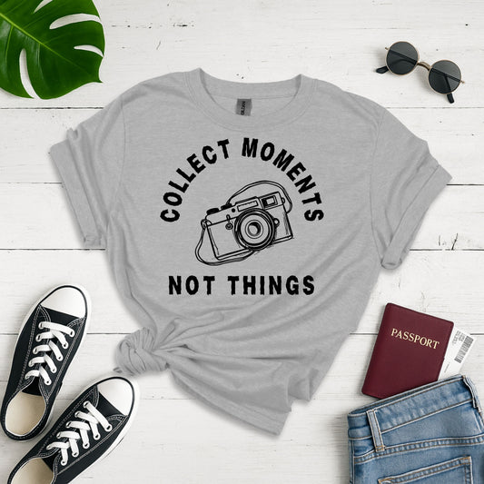 Moments Over Materialism: Vintage Camera Line Art Poster, Minimalist Design Philosophy - Unisex Graphic Tee