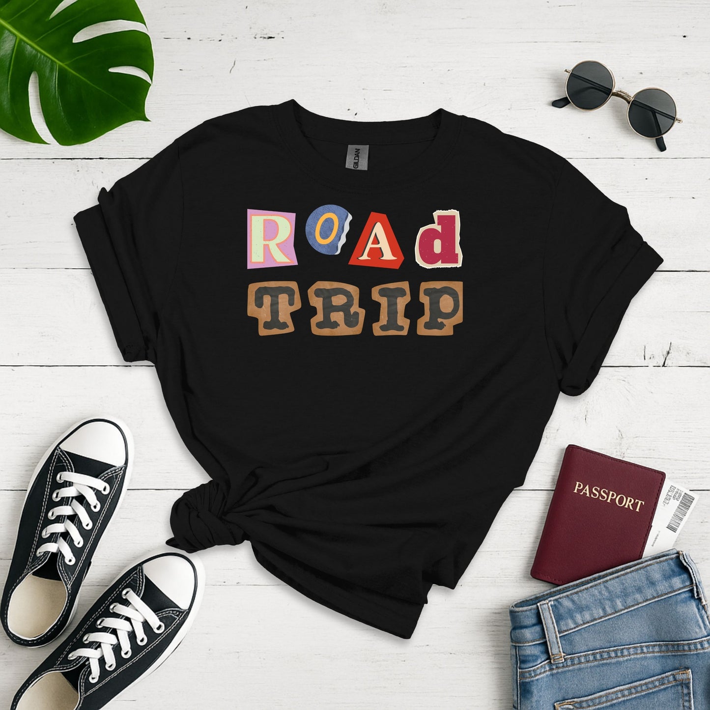 Road Trip Collage: Typography Adventure, Eclectic Letter Design - Unisex Graphic Tee