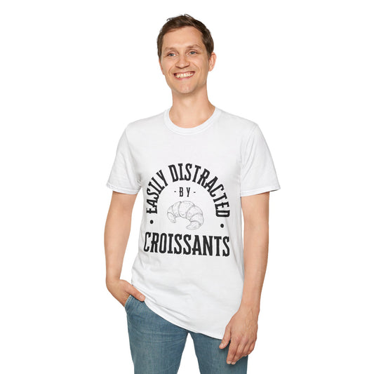Easily Distracted by Croissants T-Shirt, Cute Foodie Gift, Funny Bakery Shirt, Unisex Graphic Tee, Lightweight Casual Wear