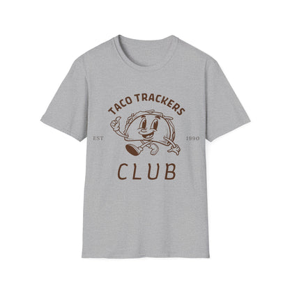 Taco Trackers Club: Vintage Mascot Logo, Retro Halftone Graphic Design - Unisex Graphic Tee