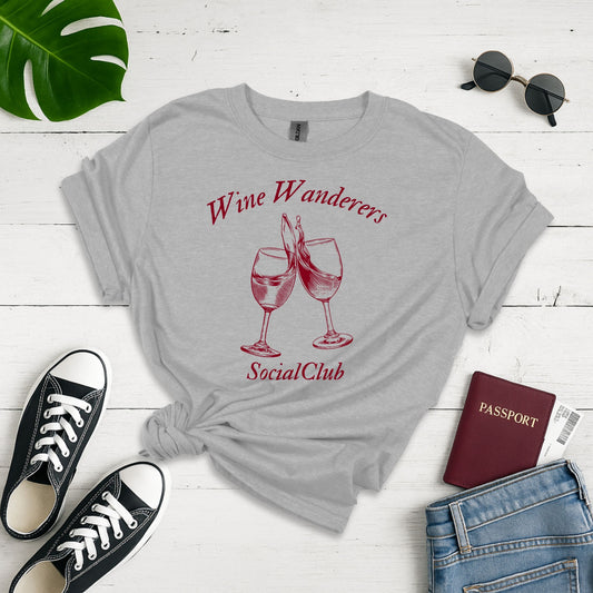 Wine Wanderers Social Club: Elegant Etched Wine Glass Logo, Vintage Illustration Design - Unisex Graphic Tee