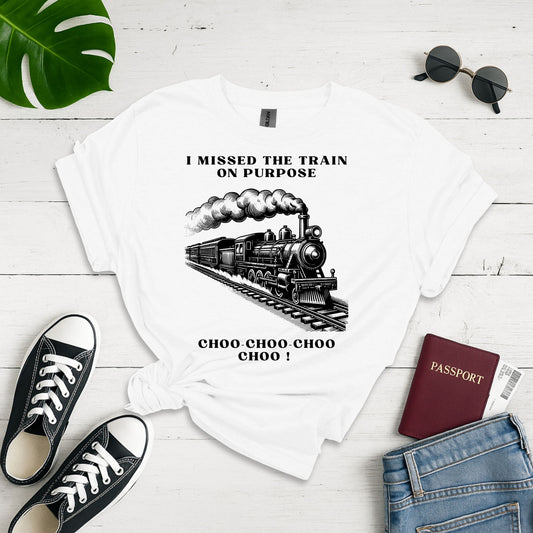 Missed Train Narrative: Vintage Steam Locomotive Illustration, Woodcut-Inspired Graphic Art - Unisex Graphic Tee