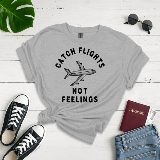 Catch Flights, Not Feelings: Vintage Travel Poster Design, Dotted Graphic Illustration - Unisex Graphic Tee