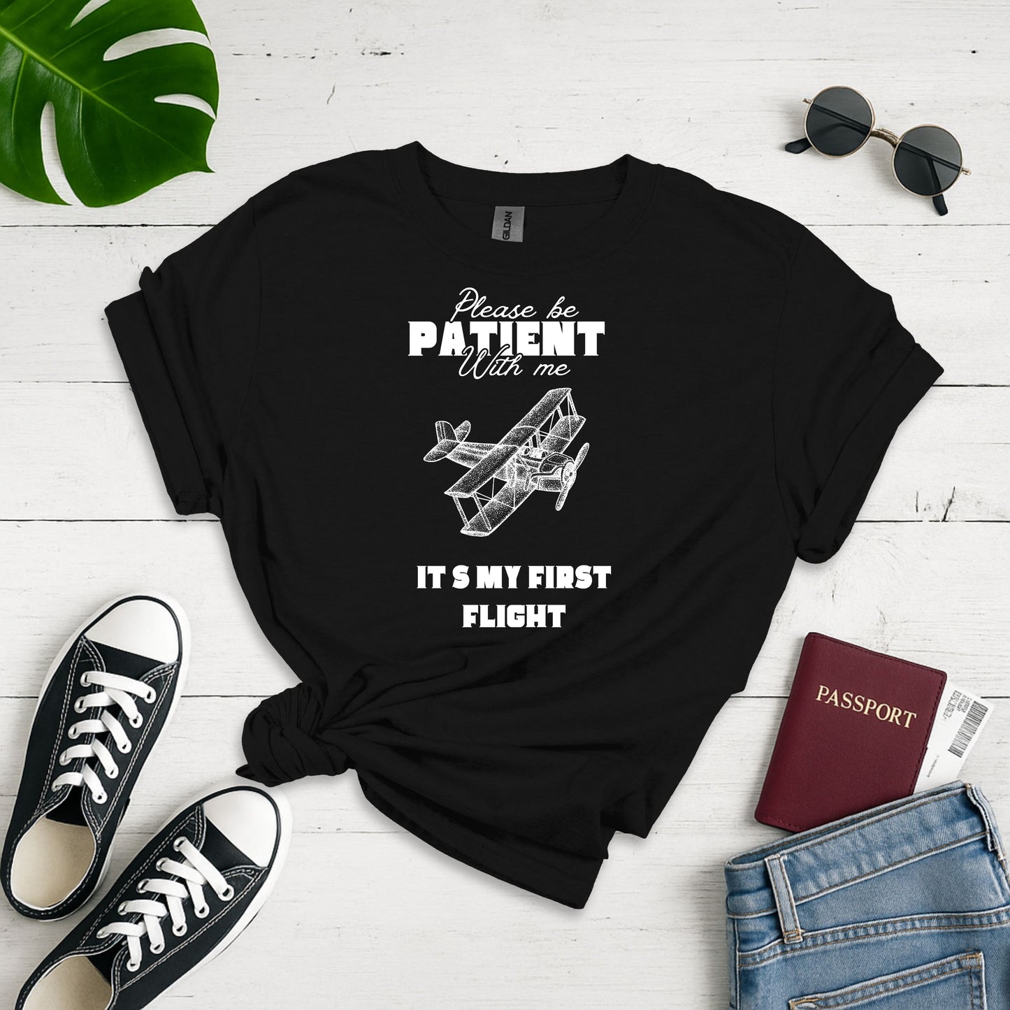 First Flight Jitters: Vintage Biplane Illustration, Retro Aviation Poster Design - Unisex Graphic Tee