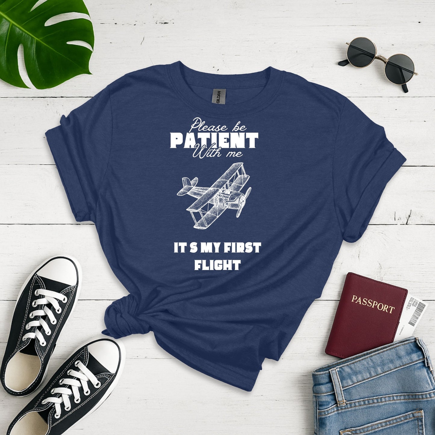 First Flight Jitters: Vintage Biplane Illustration, Retro Aviation Poster Design - Unisex Graphic Tee