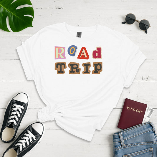 Road Trip Collage: Typography Adventure, Eclectic Letter Design - Unisex Graphic Tee