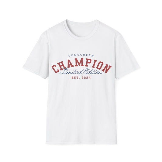 Sunscreen Champion Limited Edition: Vintage Collegiate Typography, 2024 Branding Design - Unisex Graphic Tee