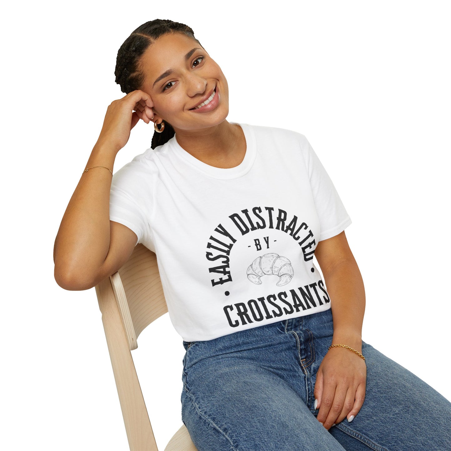 Easily Distracted by Croissants T-Shirt, Cute Foodie Gift, Funny Bakery Shirt, Unisex Graphic Tee, Lightweight Casual Wear