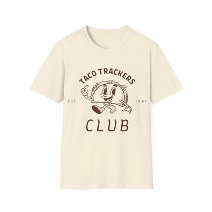 Taco Trackers Club: Vintage Mascot Logo, Retro Halftone Graphic Design - Unisex Graphic Tee