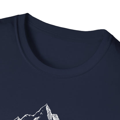 Denali's Dramatic Peak: Etched Mountain Landscape, Alpine Illustration Review - Unisex Graphic Tee