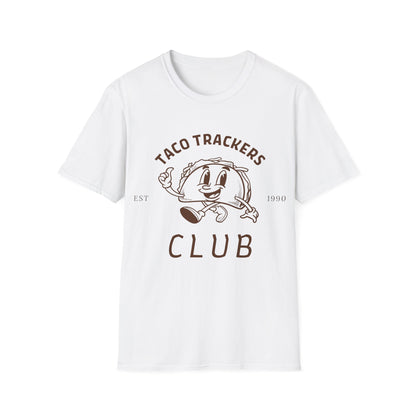 Taco Trackers Club: Vintage Mascot Logo, Retro Halftone Graphic Design - Unisex Graphic Tee